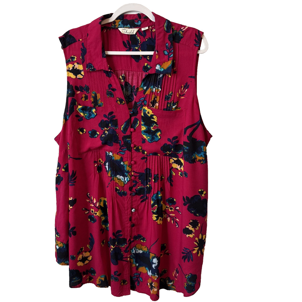 Caffe Marrakesh Womens 3X Boho Pink Floral Pintucked Sleeveless Tunic Hawaii‎